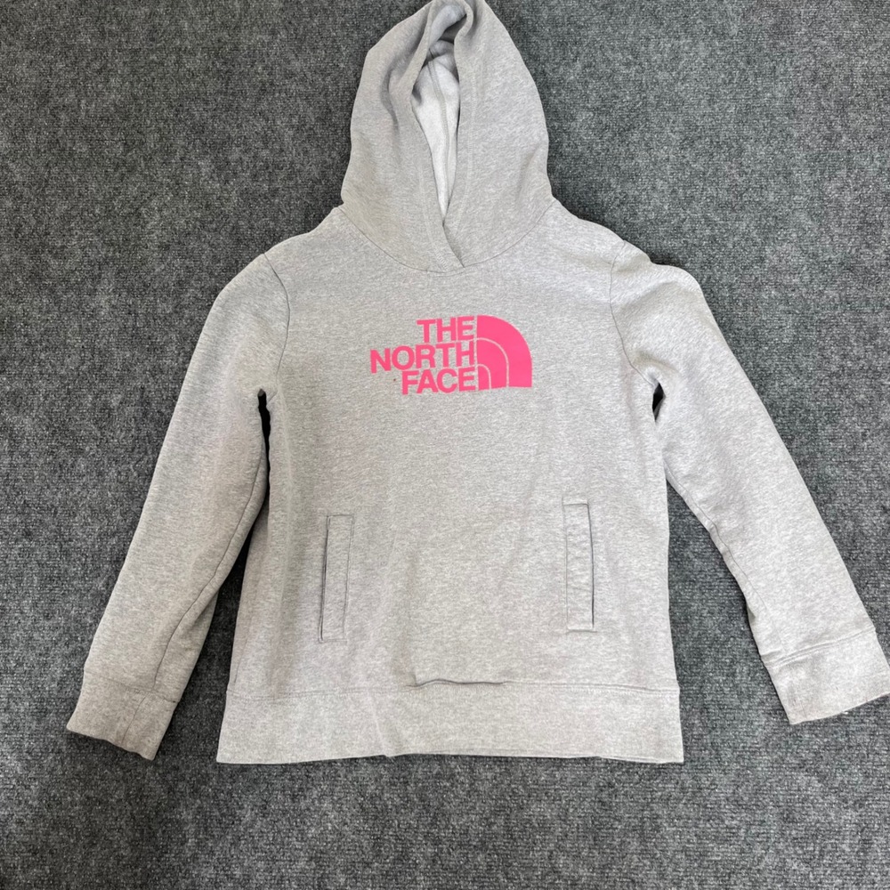 The North Face Girls XL 18 Gray Pink Logo Pullover Hoodie Fleece Sweatshirt